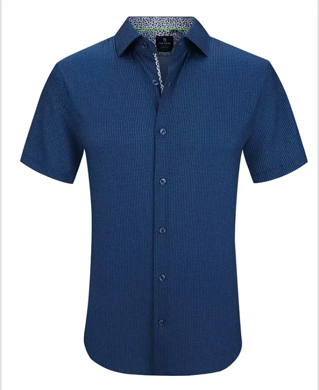Men's Slim Fit Short Sleeve Performance Stretch Button Down Dress Shirt - Navy Dots - 1