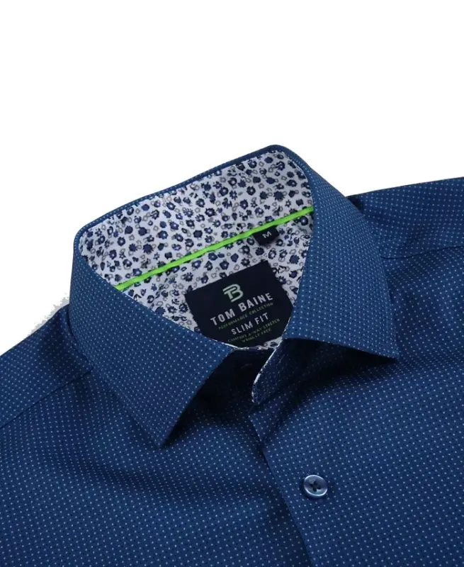 Men's Slim Fit Short Sleeve Performance Stretch Button Down Dress Shirt - Navy Dots - 2