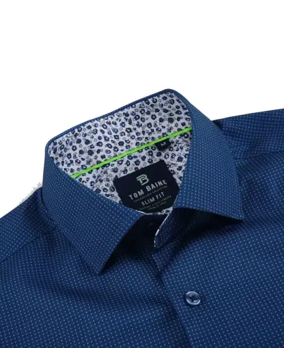 Erkek Slim Fit Kısa Kollu Performans Streç Düğmeli Giyim Gömleği - Lacivert Püsküller - TOM BAINE (1)