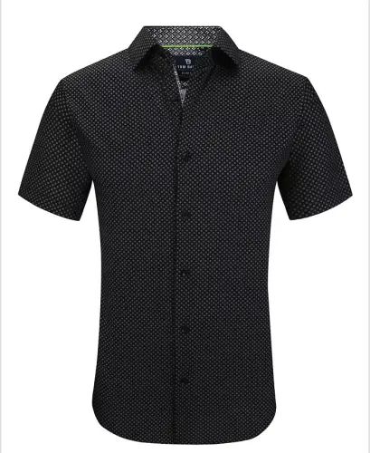 Erkek Slim Fit Kısa Kollu Performans Streç Düğmeli Giyim Gömleği - Siyah Küçük Çember 