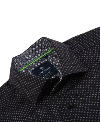 Erkek Slim Fit Kısa Kollu Performans Streç Düğmeli Giyim Gömleği - Siyah Küçük Çember - TOM BAINE (1)