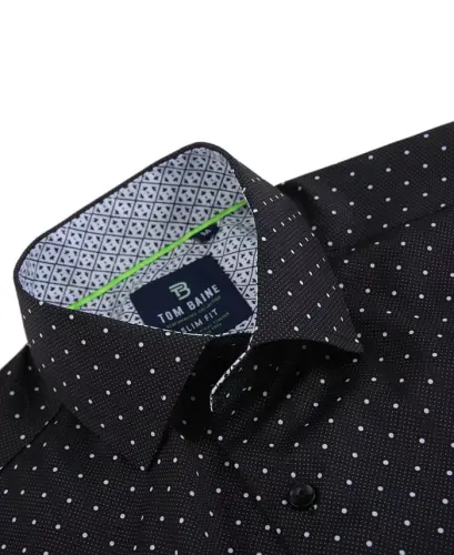 Erkek Slim Fit Kısa Kollu Performans Streç Düğmeli Giyim Gömleği - Siyah Nokta - TOM BAINE (1)