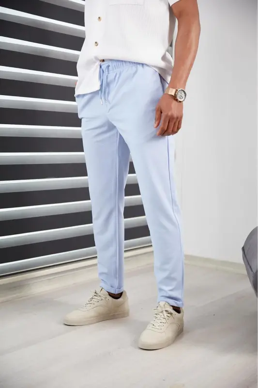Erkek Slım Fıt Mavi Jogger Pantolon Double Paça Yüksek Kalite Desenli Kumaş Likralı - Mavi - 1