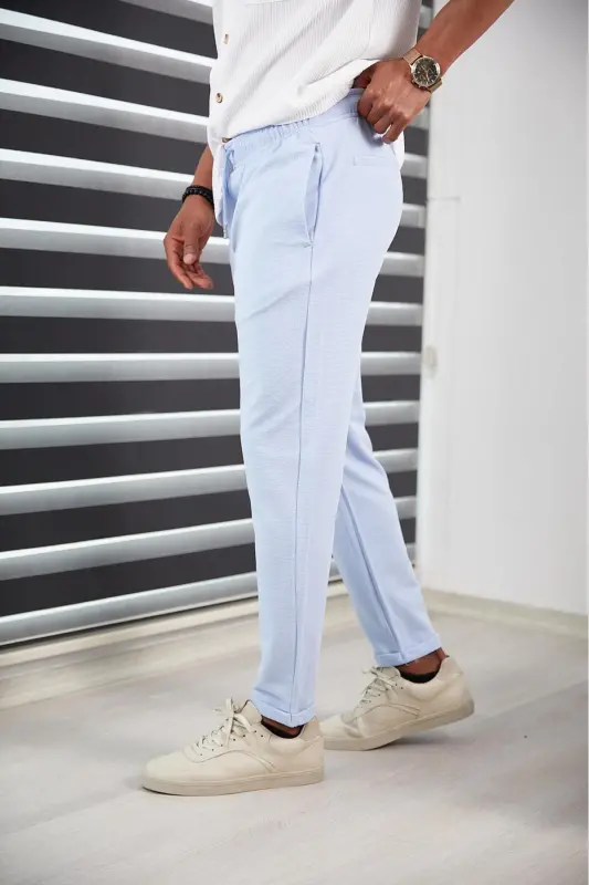 Erkek Slım Fıt Mavi Jogger Pantolon Double Paça Yüksek Kalite Desenli Kumaş Likralı - Mavi - 5