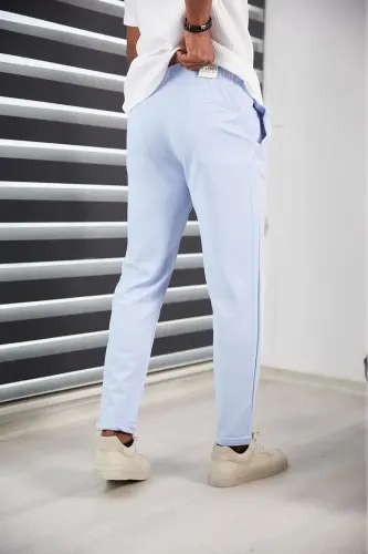 Erkek Slım Fıt Mavi Jogger Pantolon Double Paça Yüksek Kalite Desenli Kumaş Likralı - Mavi - 6