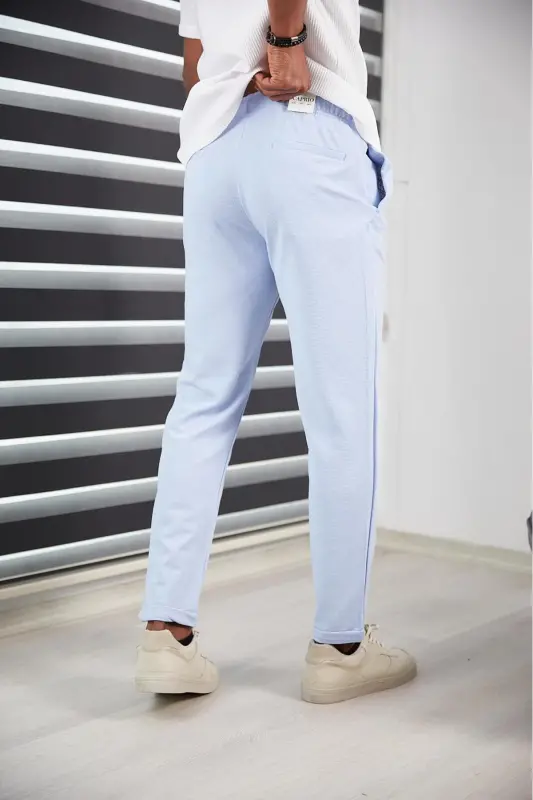Erkek Slım Fıt Mavi Jogger Pantolon Double Paça Yüksek Kalite Desenli Kumaş Likralı - Mavi - 6