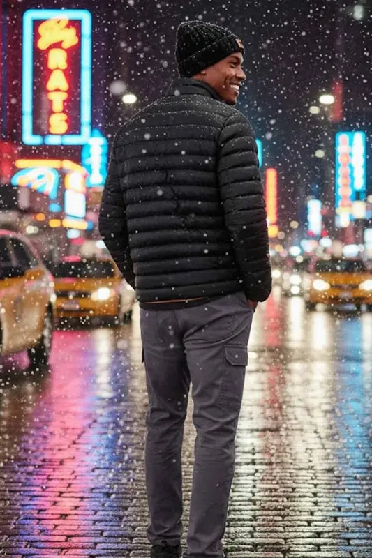 Erkek Slim Fit Siyah Rüzgar Geçirmez Elyaf Dolgulu Şişme Mont-Siyah - 3