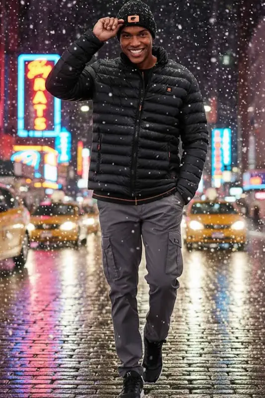 Erkek Slim Fit Siyah Rüzgar Geçirmez Elyaf Dolgulu Şişme Mont-Siyah - 4