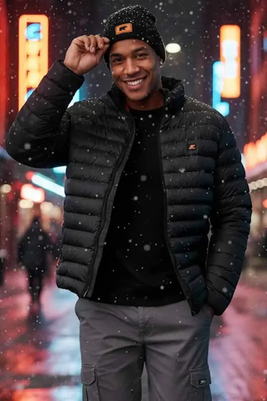 Erkek Slim Fit Siyah Rüzgar Geçirmez Elyaf Dolgulu Şişme Mont-Siyah - 1