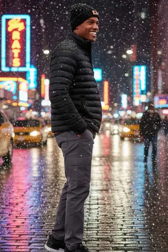 Erkek Slim Fit Siyah Rüzgar Geçirmez Elyaf Dolgulu Şişme Mont-Siyah - 2