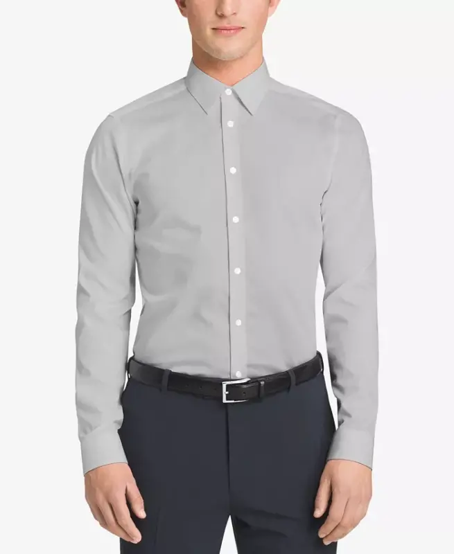 Calvin Klein Men's Performance Wrinkle Free Herringbone Slim Fit Dress Shirt - Smoke - 1