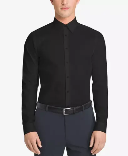 Men's Slim-Fit Non-Iron Herringbone Dress Shirt - Black 