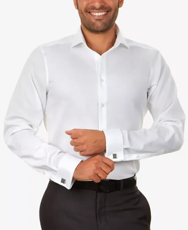Calvin Klein Men's Slim-Fit Non-Iron Herringbone French Cuff Dress Shirt - White - 1
