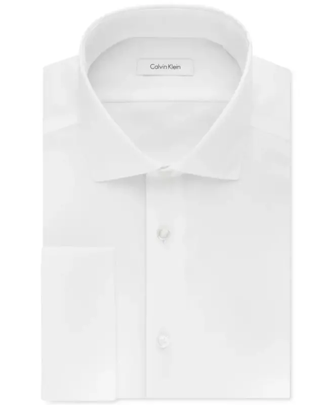 Calvin Klein Men's Slim-Fit Non-Iron Herringbone French Cuff Dress Shirt - White - 4