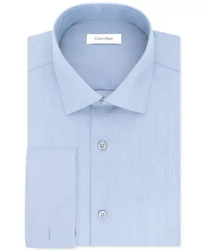 Calvin Klein Men's Slim-Fit Non-Iron Herringbone French Cuff Dress Shirt - Blue - 4