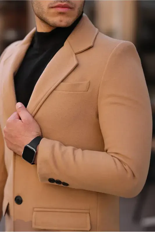 Erkek Slim-Fit Uzun Yünlü Kaşe Palto-vizon - 3