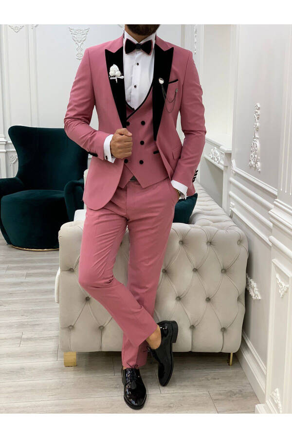 Erkek Smokin Damatlık Kadife Kırlangıç Yaka İtalyan Kesim Slim Fit Ceket Yelek Pantolon Papyon - Pembe - 1