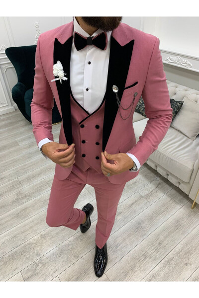 Erkek Smokin Damatlık Kadife Kırlangıç Yaka İtalyan Kesim Slim Fit Ceket Yelek Pantolon Papyon - Pembe - 2