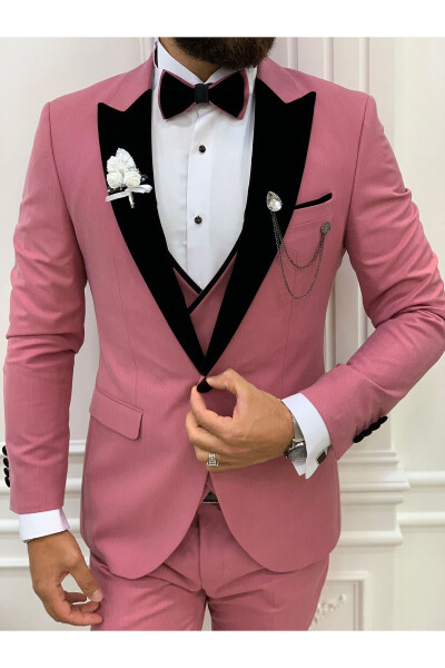 Erkek Smokin Damatlık Kadife Kırlangıç Yaka İtalyan Kesim Slim Fit Ceket Yelek Pantolon Papyon - Pembe - 5