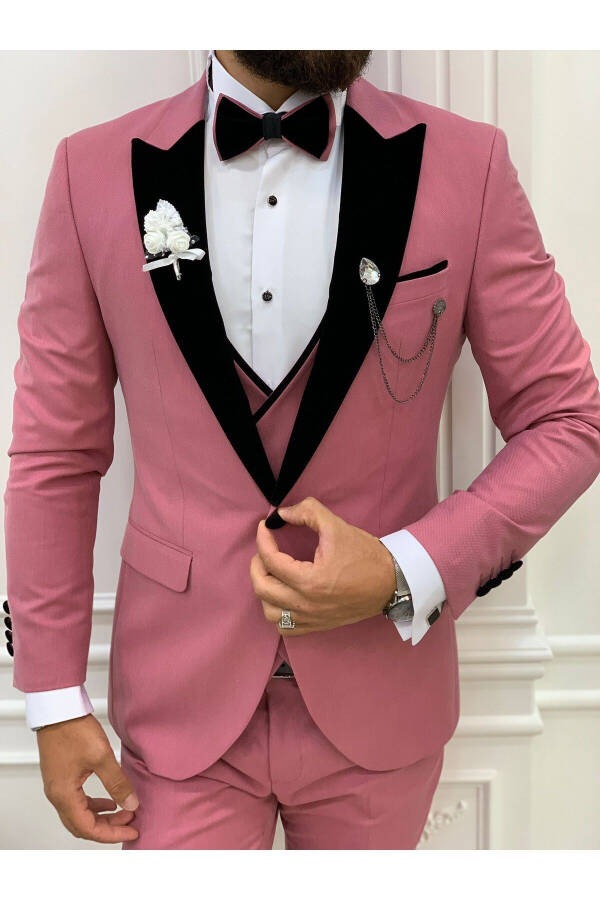 Erkek Smokin Damatlık Kadife Kırlangıç Yaka İtalyan Kesim Slim Fit Ceket Yelek Pantolon Papyon - Pembe - 5