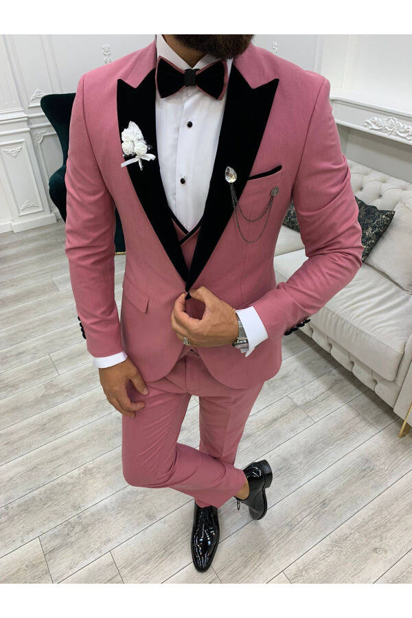 Erkek Smokin Damatlık Kadife Kırlangıç Yaka İtalyan Kesim Slim Fit Ceket Yelek Pantolon Papyon - Pembe - 7