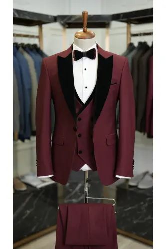Erkek Smokin Damatlık Kadife Kırlangıç Yaka İtalyan Stil Slim Fit Ceket Yelek Pantolon Papyon - BORDO - LONATOLİA (1)