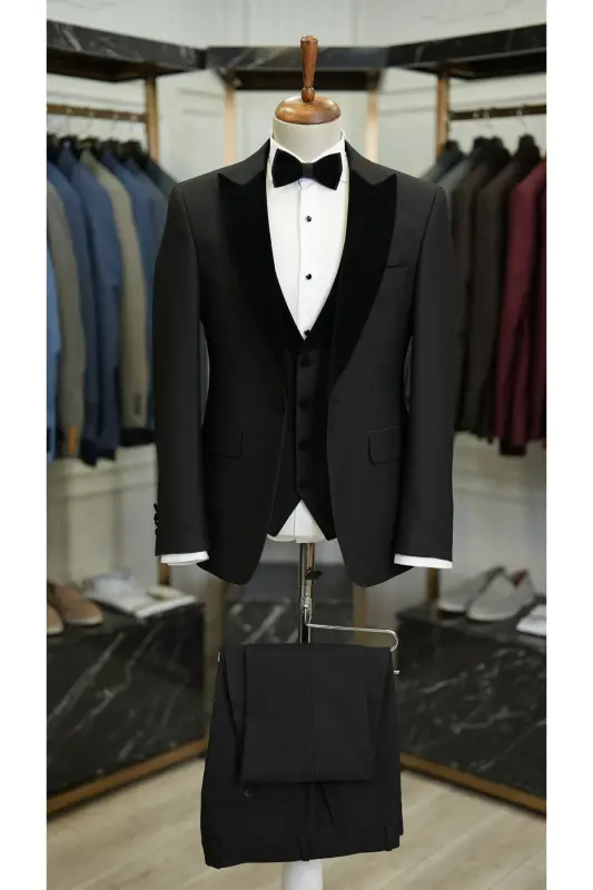 Erkek Smokin Damatlık Kadife Kırlangıç Yaka İtalyan Stil Slim Fit Ceket Yelek Pantolon Papyon - LONATOLİA
