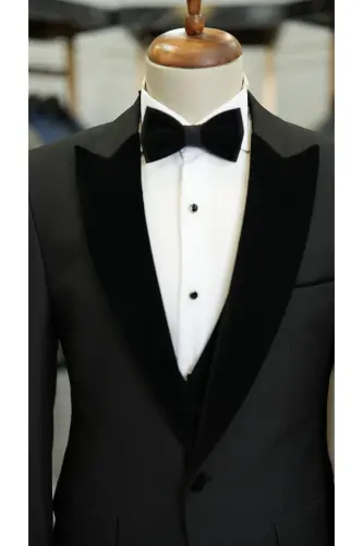 Erkek Smokin Damatlık Kadife Kırlangıç Yaka İtalyan Stil Slim Fit Ceket Yelek Pantolon Papyon - LONATOLİA (1)