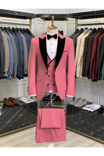 Erkek Smokin Damatlık Kırlangıç Kadife Yaka İtalyan Stil Slim Fit Ceket Yelek Pantolon Papyon - Pembe - 1