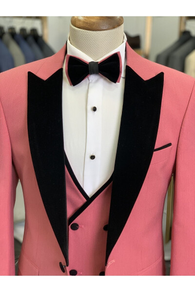 Erkek Smokin Damatlık Kırlangıç Kadife Yaka İtalyan Stil Slim Fit Ceket Yelek Pantolon Papyon - Pembe - 2