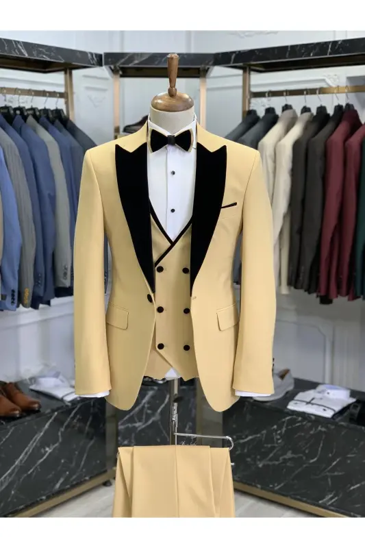 Erkek Smokin Damatlık Kırlangıç Kadife Yaka İtalyan Stil Slim Fit Ceket Yelek Pantolon Papyon-Sarı - sarı - 2