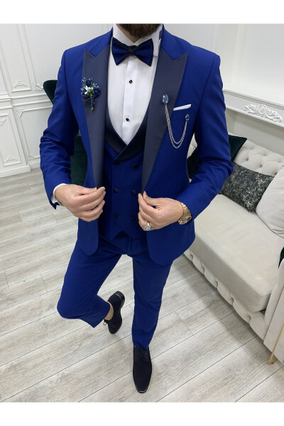 Erkek Smokin Damatlık Kırlangıç Yaka İtalyan Kesim Slim Fit Ceket Yelek Pantolon Papyon - Saks Mavisi - 1