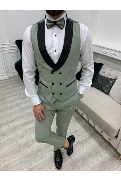 Erkek Smokin Damatlık Kırlangıç Yaka İtalyan Kesim Slim Fit Ceket Yelek Pantolon Papyon - Su Yeşili - 4