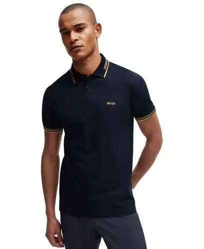 Men's Stretch-Cotton Slim-Fit Polo Shirt-Dark Blue, Yellow 