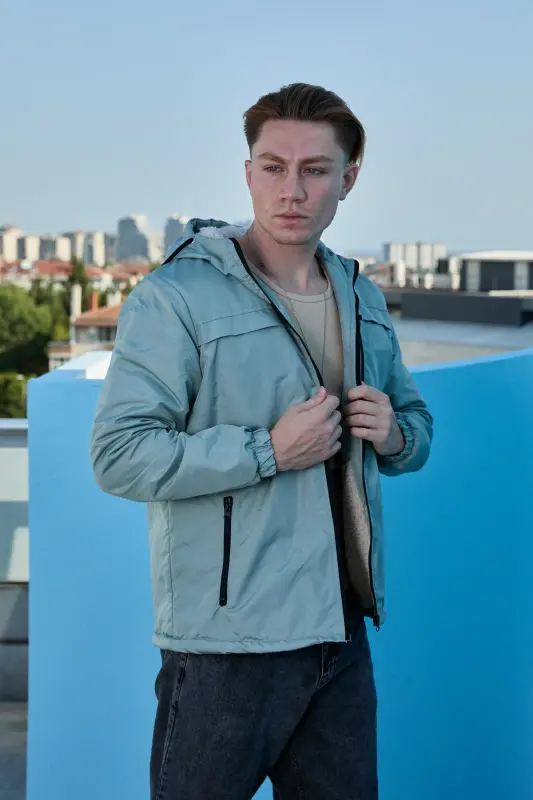 Erkek Su ve Rüzgar Geçirmez Kürklü Mont Ceket-mint - 2