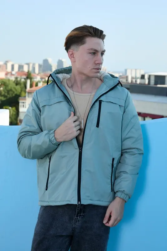 Erkek Su ve Rüzgar Geçirmez Kürklü Mont Ceket-mint - 3
