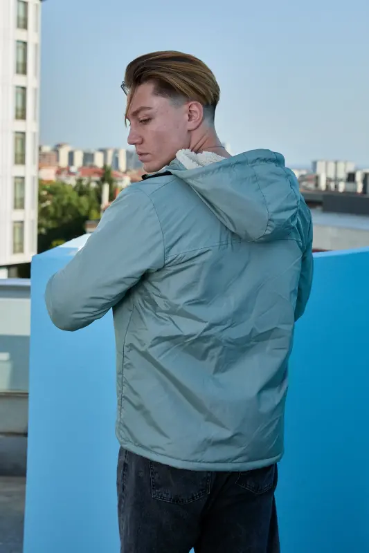 Erkek Su ve Rüzgar Geçirmez Kürklü Mont Ceket - mint - 5