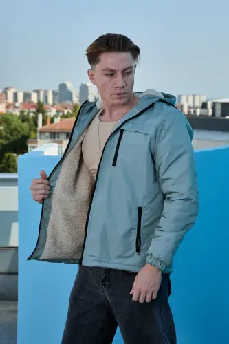 Erkek Su ve Rüzgar Geçirmez Kürklü Mont Ceket-mint 