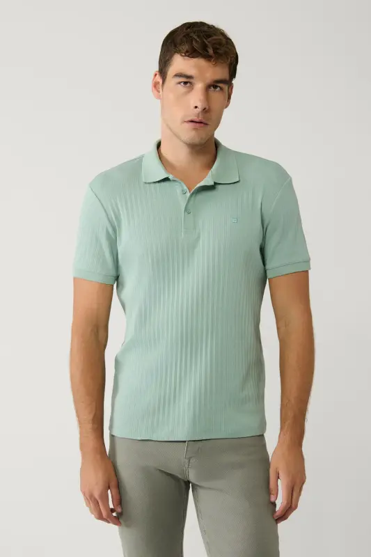 Erkek Su Yeşili %100 Pamuk 3 Düğmeli Jakarlı Polo Yaka Regular Fit T-Shirt A41Y1354-Su Yeşili - 1