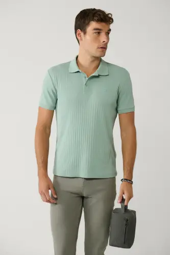 Erkek Su Yeşili %100 Pamuk 3 Düğmeli Jakarlı Polo Yaka Regular Fit T-Shirt A41Y1354-Su Yeşili - 3