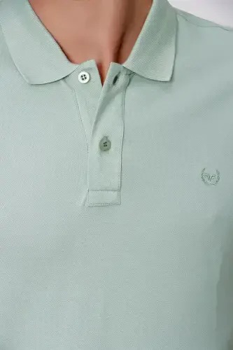 Erkek Su Yeşili Basic Düz %100 Pamuk Slim Fit Dar Kesim Kısa Kollu Polo Yaka Tişört - 5
