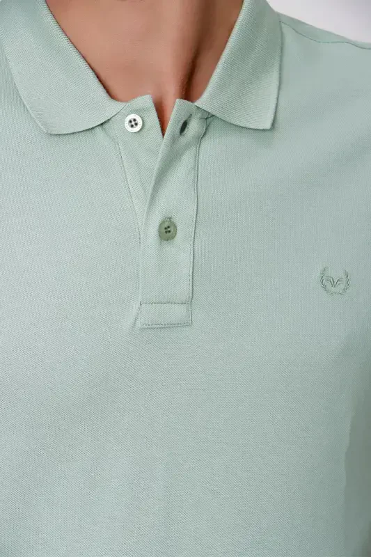 Erkek Su Yeşili Basic Düz %100 Pamuk Slim Fit Dar Kesim Kısa Kollu Polo Yaka Tişört - 5