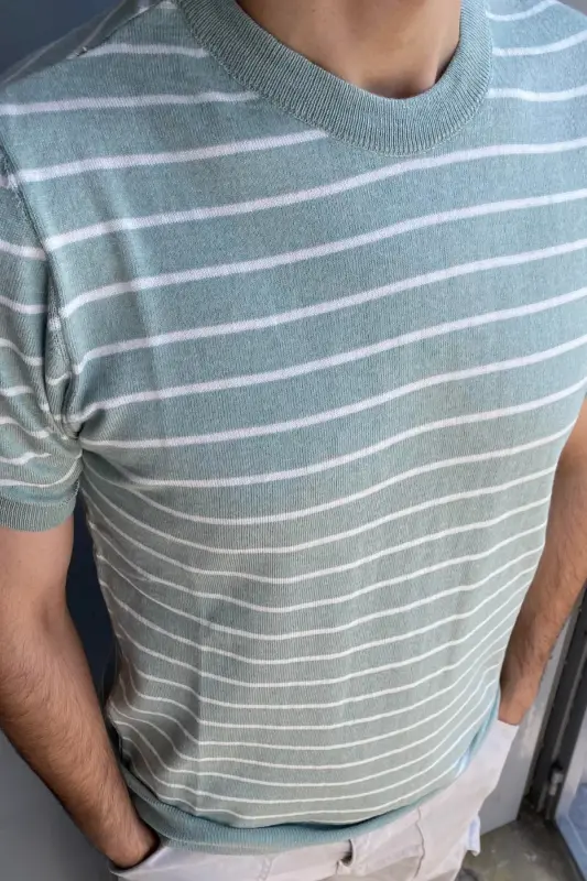 Erkek Su Yeşili Kısa Kollu Fitilli Akrilik-Pamuk Karışımlı Triko T-Shirt - Su Yeşili - 1