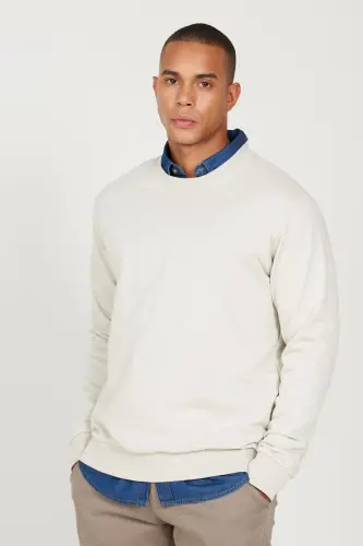 Erkek Su Yeşili Standart Fit Normal Kesim Bisiklet Yaka 3 Iplik Pamuklu Sweatshirt - Bej - 4