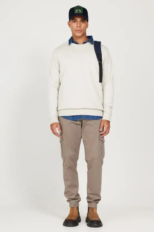 Erkek Su Yeşili Standart Fit Normal Kesim Bisiklet Yaka 3 Iplik Pamuklu Sweatshirt - Bej - 3