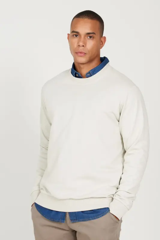 Erkek Su Yeşili Standart Fit Normal Kesim Bisiklet Yaka 3 Iplik Pamuklu Sweatshirt - Bej - 4