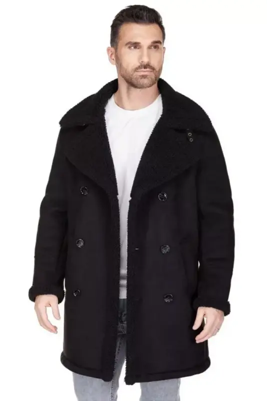 Men's Faux Shearling Double Breasted Overcoat - Black - 1