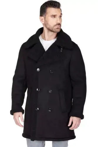 Men's Faux Shearling Double Breasted Overcoat - Black - BRAVEMAN (1)