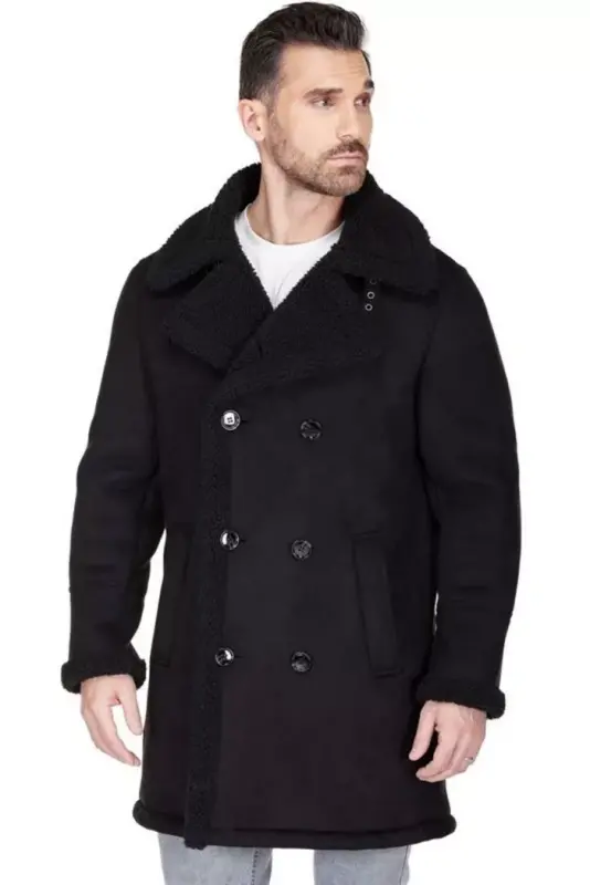 Men's Faux Shearling Double Breasted Overcoat - Black - 2