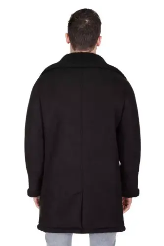 Men's Faux Shearling Double Breasted Overcoat - Black - 3